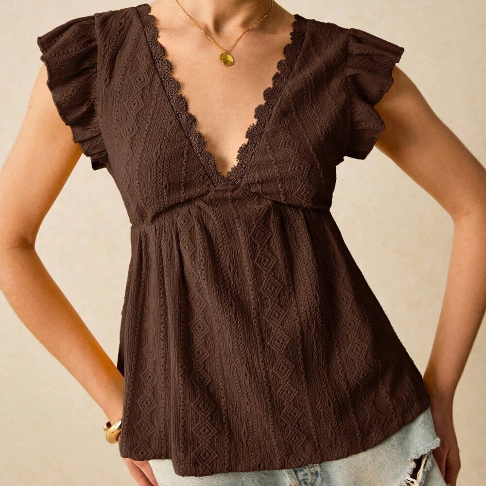 Coffee Brown Casual Women's Beach Holiday Jacquard Knit Cap Sleeve T-Shirt
